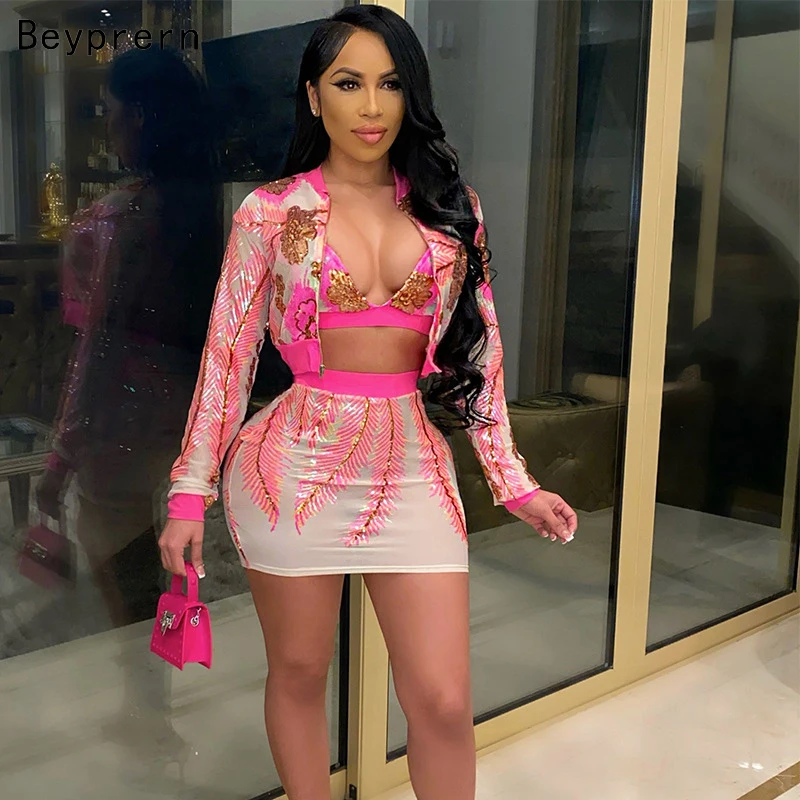 

Beyprern New Chic Sequins Skirt Set And Matching Jacket 3 Pieces Suits Womens Sequins Bodycon Matching Set Birthday Outfits