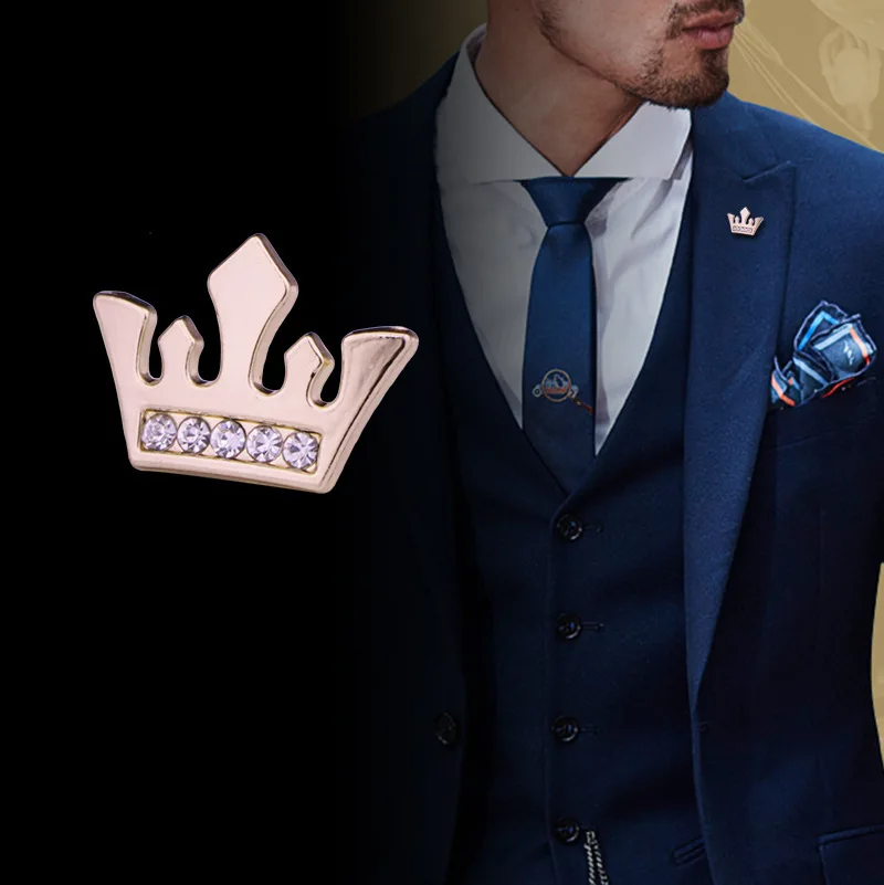 

High-end Retro Crystal Small Gold Silver Crown Brooch Lapel Pin Men's Brooches Shirt Collar Needle Buckle Clothing Accessories