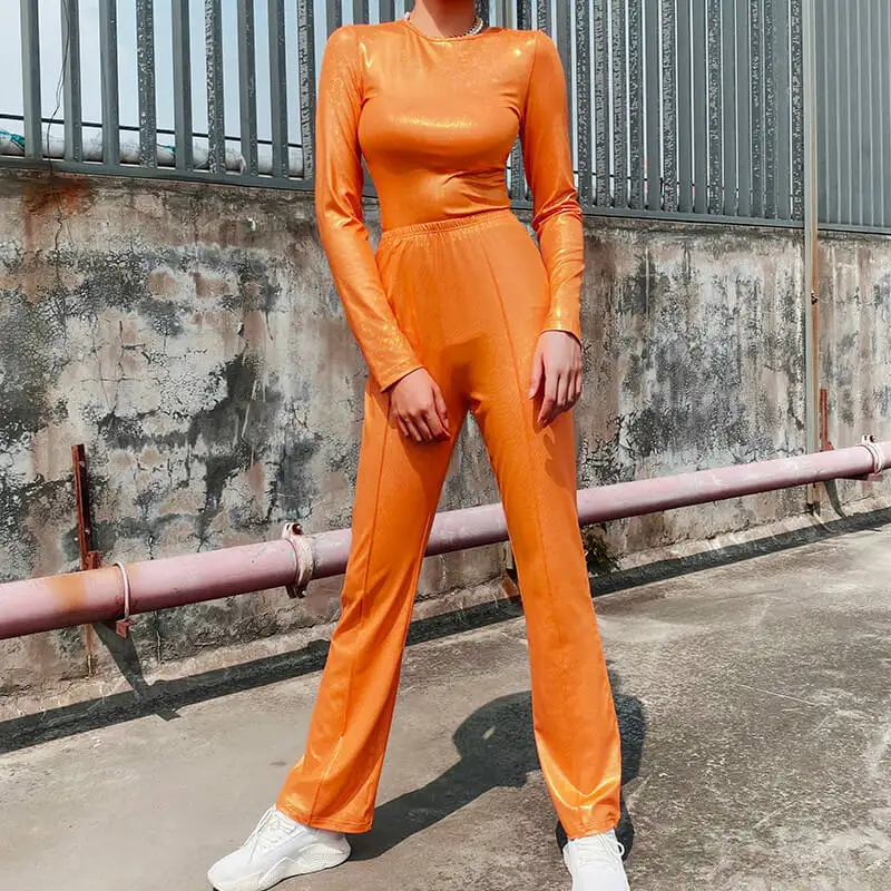 BOOFEENAA Kyliejenner блестящий оранжевый комплект из двух предметов топ и брюки женские комплекты одежды сексуальные осенние зимние Клубные наряды C66-AH43