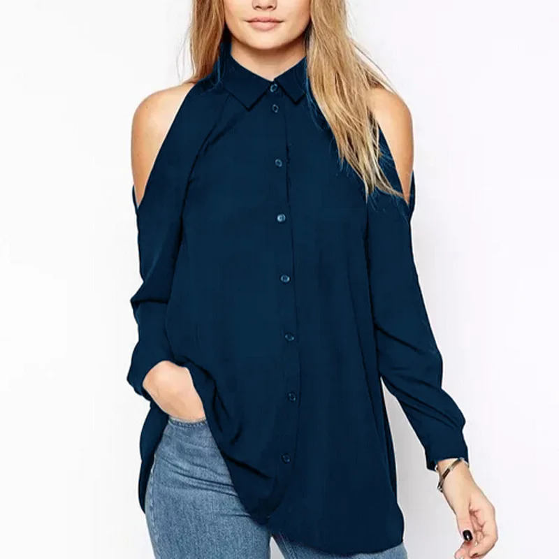 dark blue Новая мода, осенне-зимняя женская блуза с длинным рукавом и отложным воротником, повседневные шифоновые длинные рубашки размера плюс 6XL - Цвет: dark blue