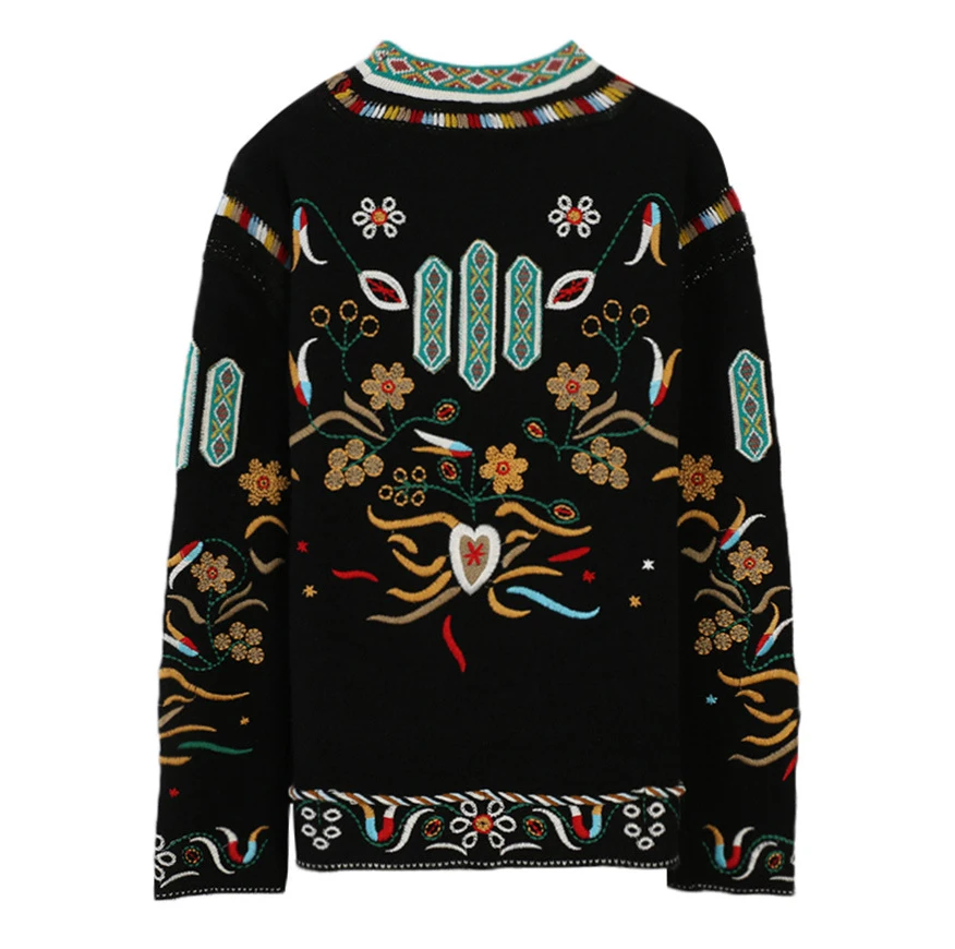 Женский трикотажный свитер в винтажном стиле теплый джемпер ретро с вышивкой и