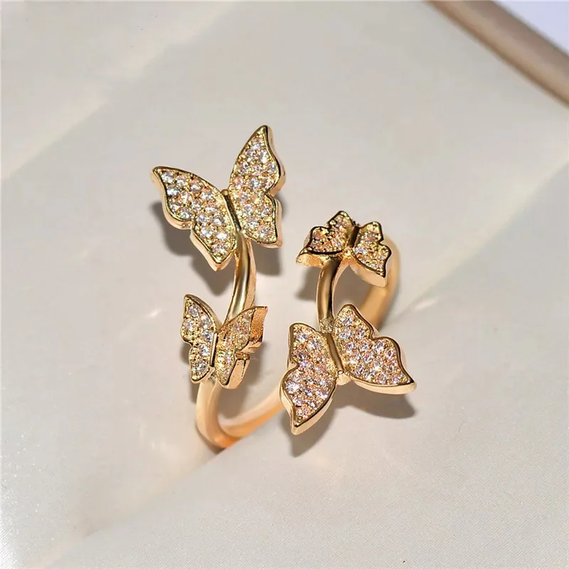 Женское кольцо с крыльями бабочки блестящее ручной работы кубическим цирконием