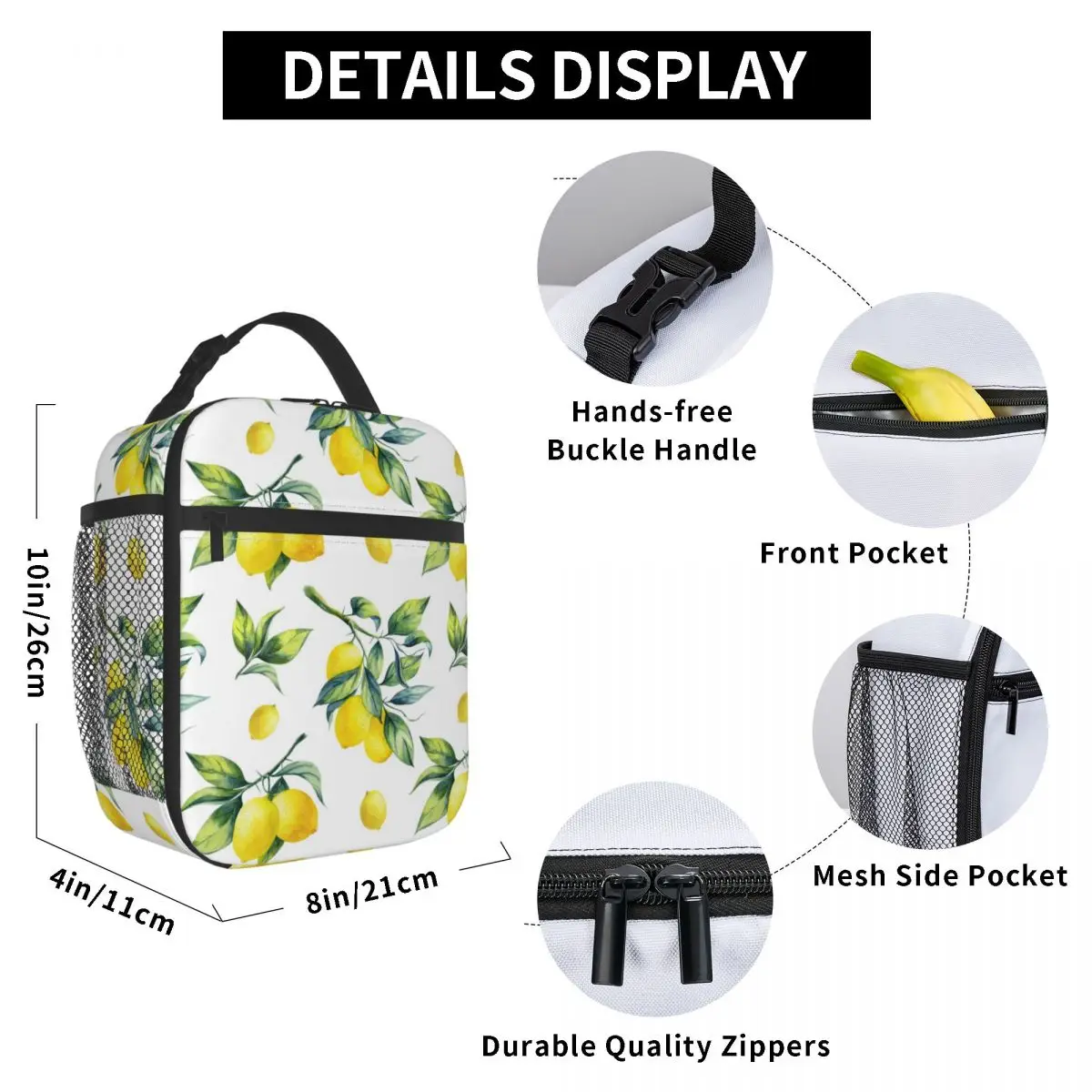 

Lemon Fruits Lunch Bag for Women Men Large Insulated Lunch Box with Water Bottle Holder and Pockets