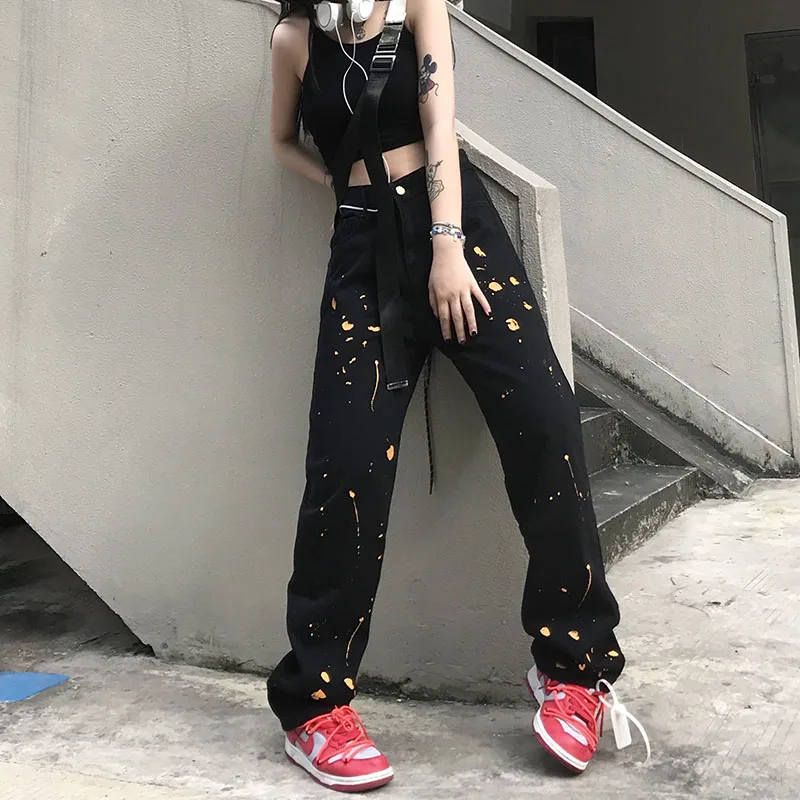 

Woman jeans Black Jeans Plus Size Women's Fall Pants Women's High Waisted Loose Leg Retro Splash High Street Jeans Mom jeans