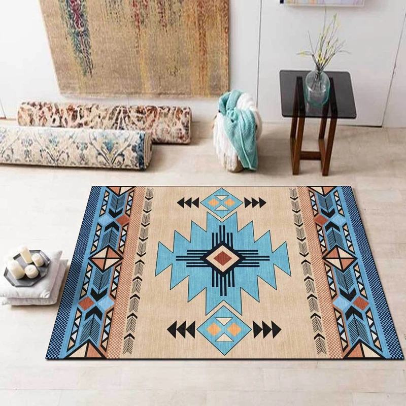 

Indian Classical Blue Simple Carpet for Living Room Geometric Ethnic Style Print Floor Mat Bedroom Bedside Sofa Table Area Rugs