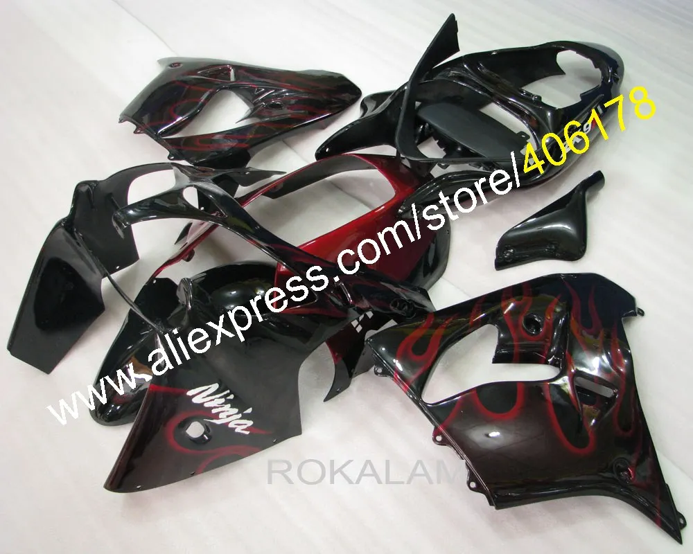 

Low Price Red Flame In Black ABS Fairing Kit For Kawasaki ZX 9R 2000 ZX9R 2001 Ninja Customize Motobike Parts(Injection Molding)