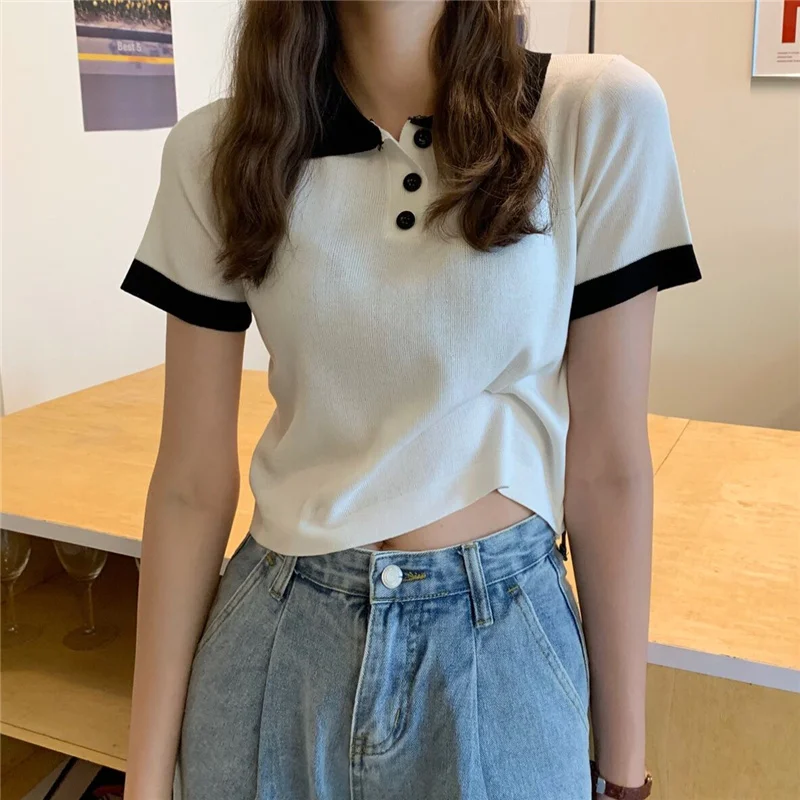 

Женские топы с воротником-поло, короткий топ контрастных цветов с коротким рукавом и высокой талией