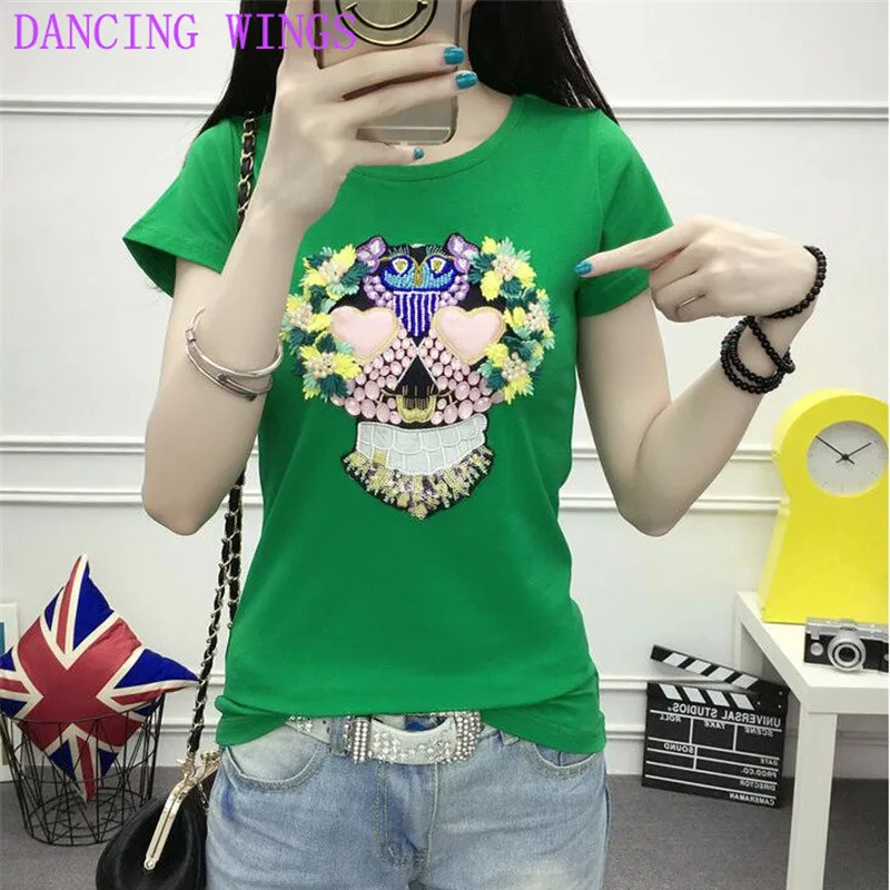 Летние Ретро футболки с жемчугом и бисером женские цветочной вышивкой