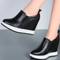 platform ankle boots womens genuine cow leather fashion sneakers round toe hidden wedge high heel oxfords lace up