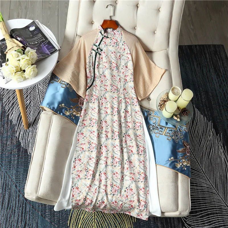 

2021 spring and summer new women's low stand collar raglan five-point large sleeves Tencel stitching chiffon printed cheongsam