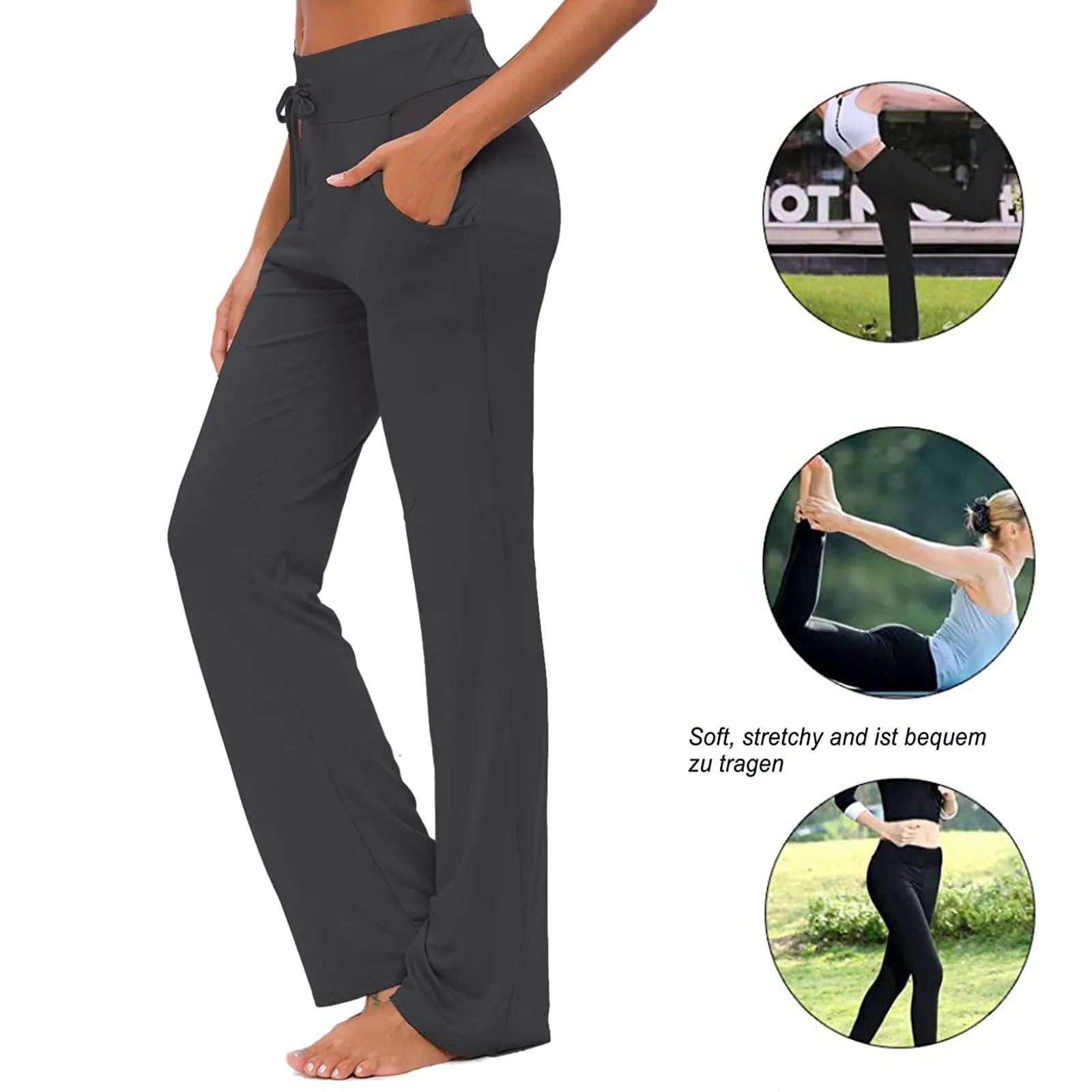

Women Solid Color Loose Yoga Trousers With Pockets High Waist Wide Leg Drawstring Straight Running Pants A20