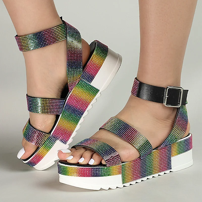 

Сандалии женские со стразами, плоская подошва, платформа, каблук, модная уличная пляжная обувь, лето 2021