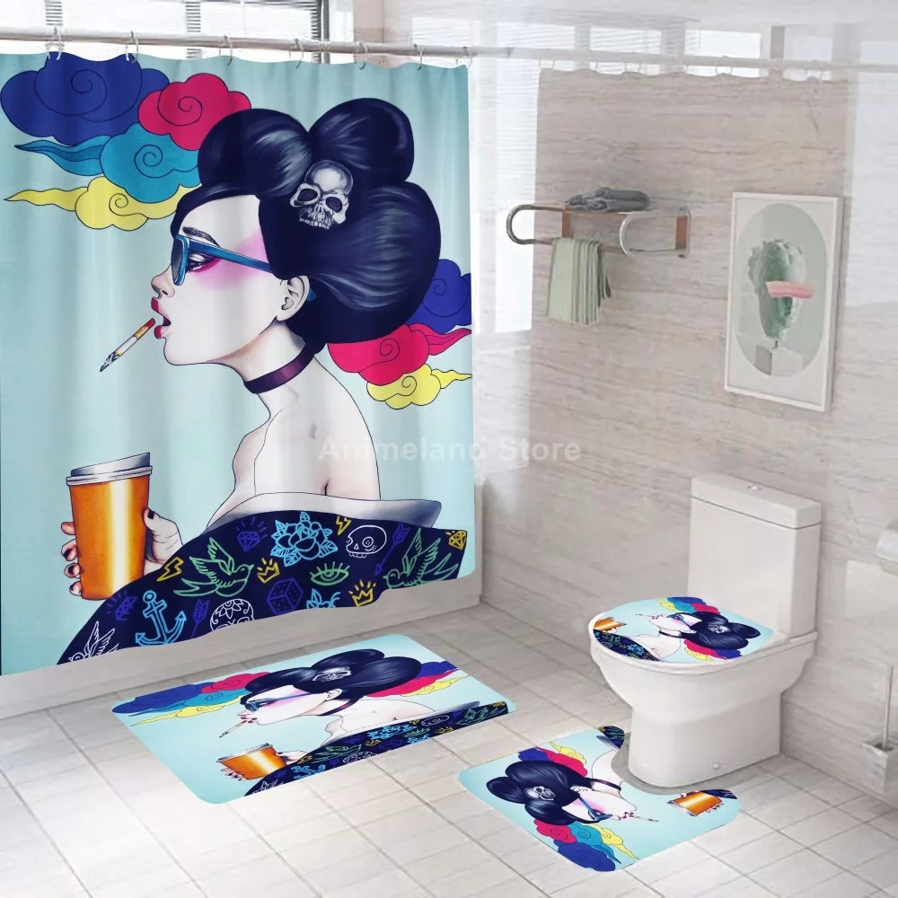 African Girls Shower Curtains Sexy Woman Bathroom Curtain Bath Sets Toilet Cover Mat Non-Slip Washroom Rug Set Modern 180x180cm | Дом и сад