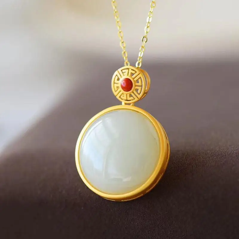 

Hetian White Jade Lucky Pendant S925 Sterling Silver Pendant Inlaid Gilding Ancient Vintage Gilding Craft Silver Necklace