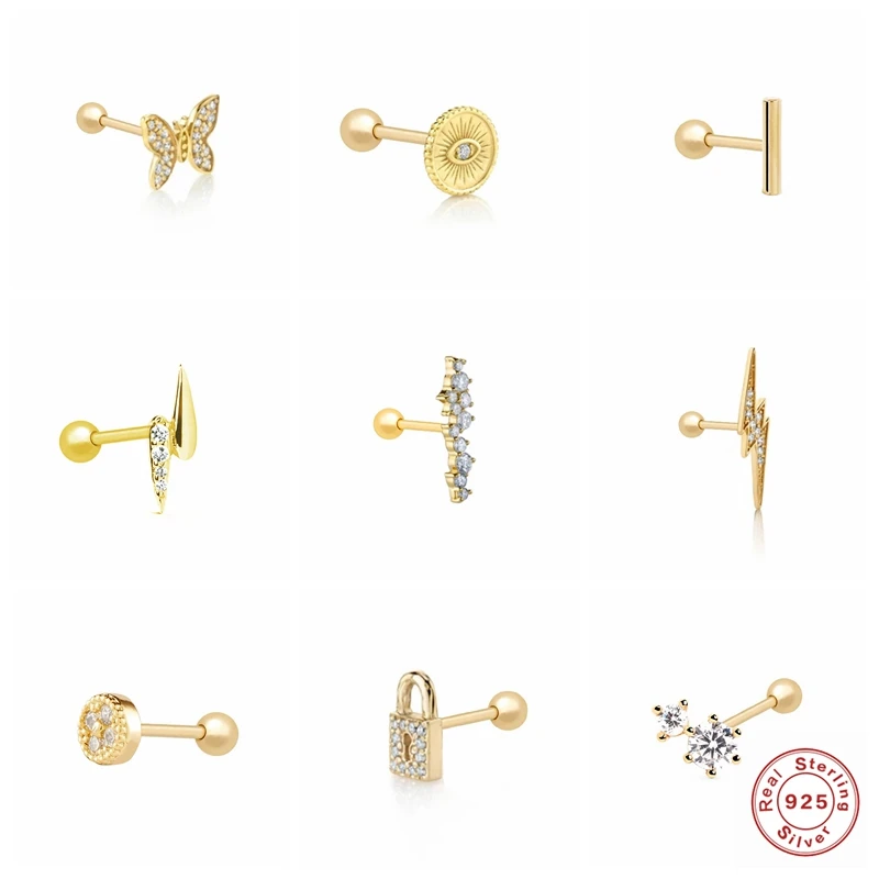 

1ps Mini Earring S925 Sterling Silver Lighting Lock Paperclip Cartilage Stud Earring For Women Ear Bone earlobe piercing Buckle