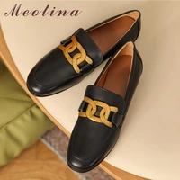 meotina flats shoes women natutal genuine leather loafers shoes metal decoration casual shoes lady round toe footwear black 40