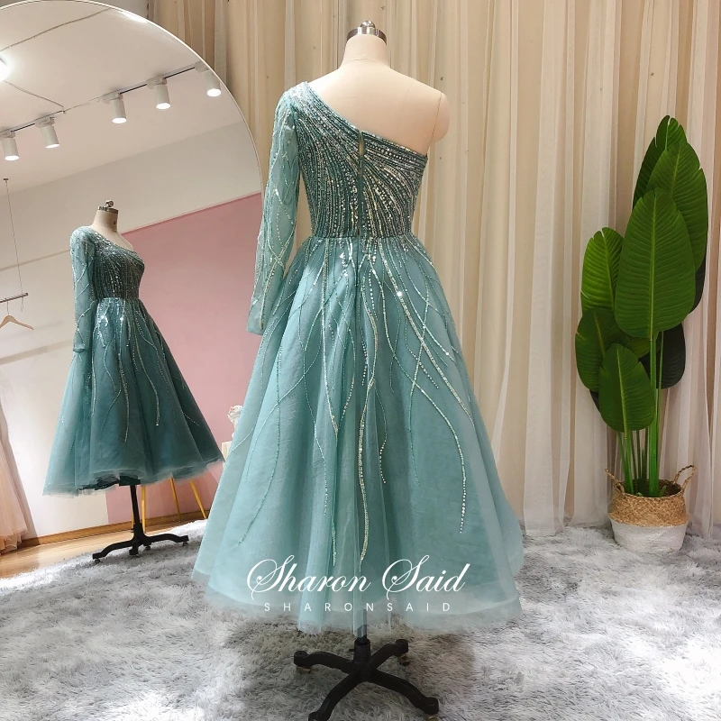 Мусульманское вечернее платье с длинным рукавом роскошное синее средней длины