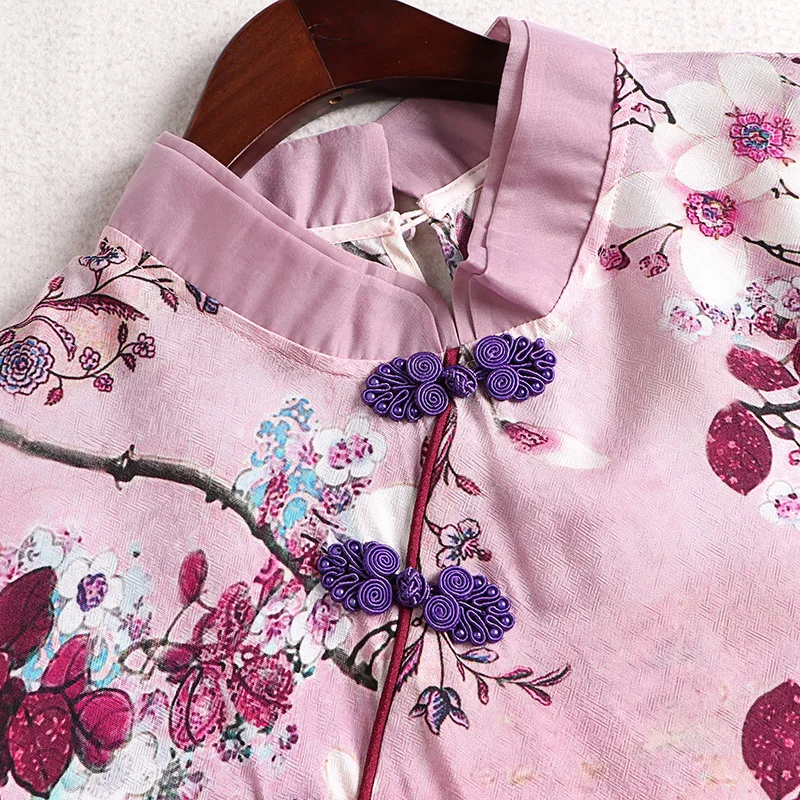 

Vintage Dress Women Spring And Summer Printed Stand Collar Half Sleeve Slim A Line Dress Above The Knees