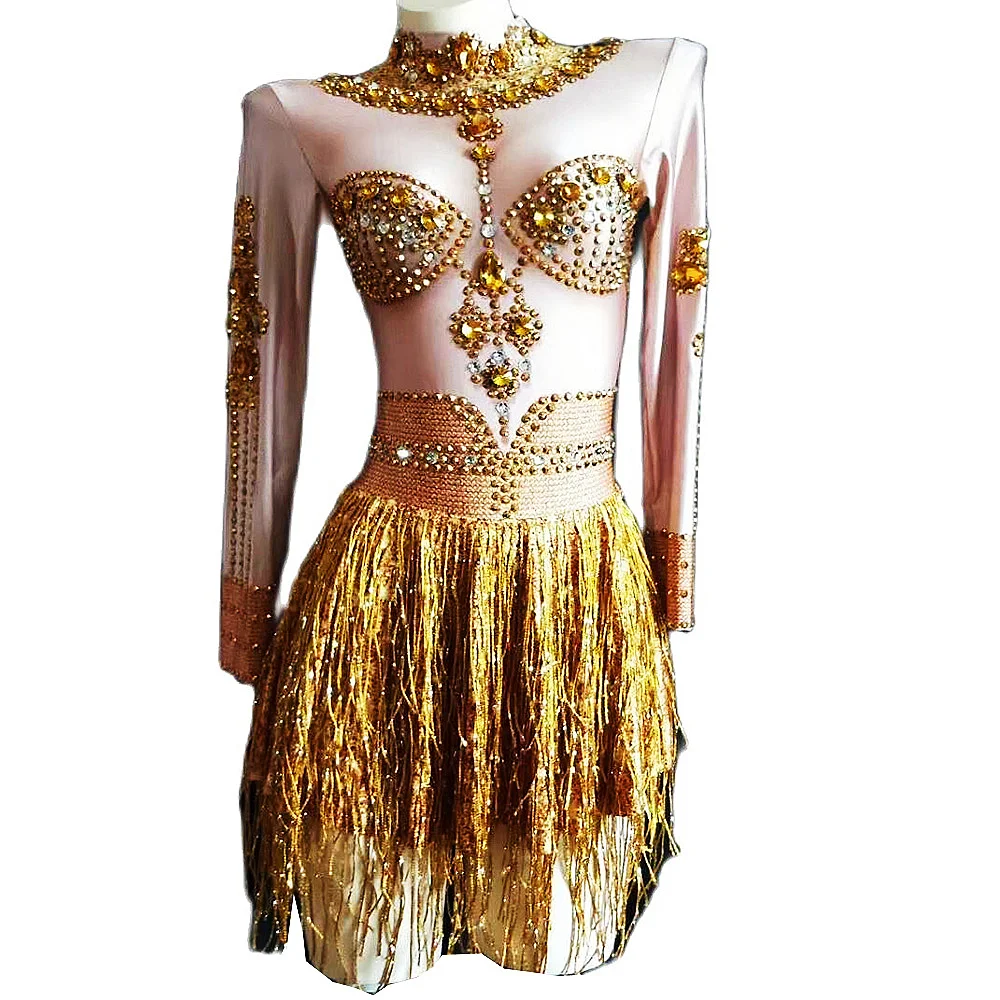 

Gold Sparkling Floral Rhinestones Tassel Mini Dress Backless Long Sleeve Above Knee Dresses Ladies Dance Costume Nightclub Wear