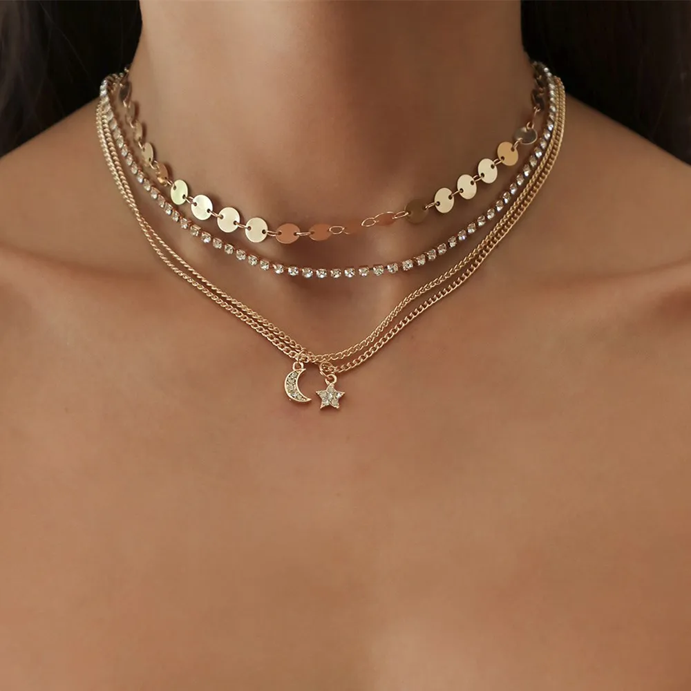

Cosysail 4Pcs/Set Crystal Star Moon Pendant Necklace Women Metal Sequin Choker Necklace Set Statement Party Jewelry Gift 2021