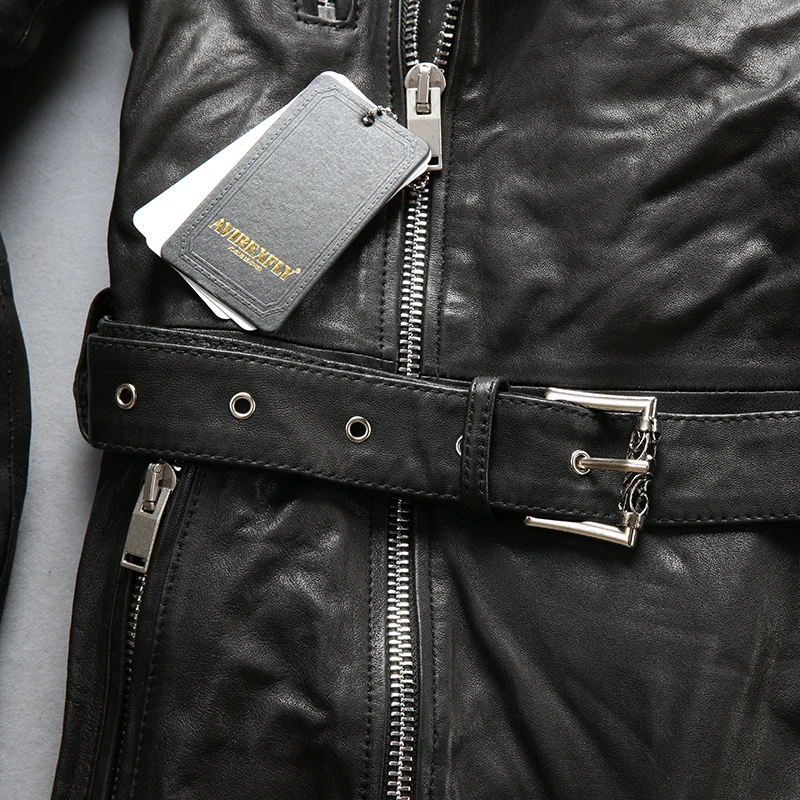 

Men's Black Motorcycle Jacket Genuine Leather Long Style Coats Male 100% Sheepskin Diagonal Zipper Jacket 2021