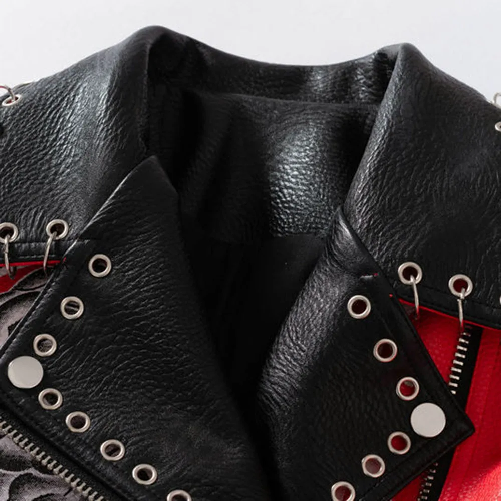 

2021 Autumn Winter New Fashion Western Chic Punk Motorcycle Letter Graffiti Zipper PU Jacket Hit Color Rivet Outwear Floral