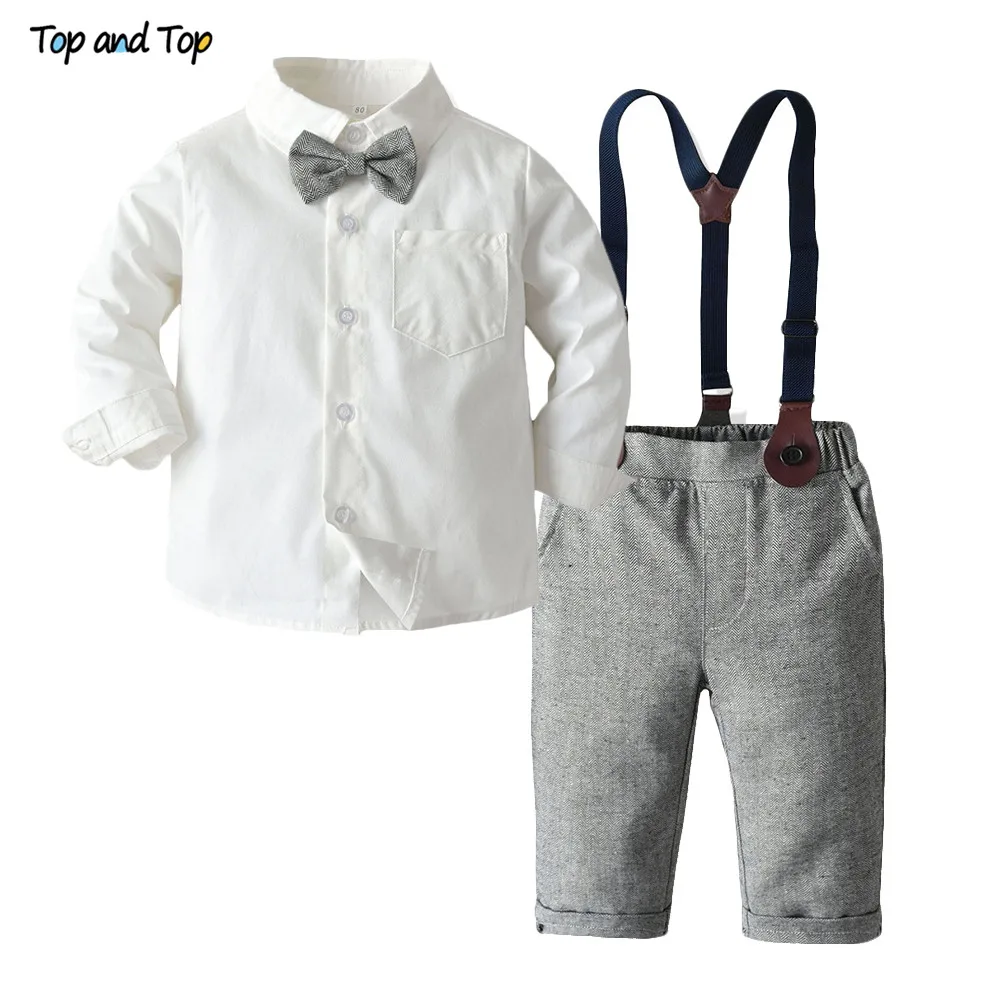 Top and Top Fashion Kids Clothing Sets Boy Gentleman Suit Long Sleeve White Bowtie Shirt+Overalls 2Pcs Clothes Outfits Tuxedo
