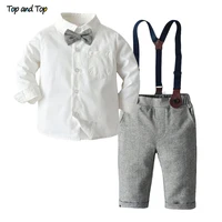 top and top fashion kids clothing sets boy gentleman suit long sleeve white bowtie shirtoveralls 2pcs clothes outfits tuxedo