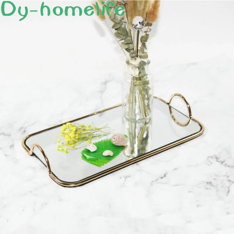 

Nordic Gold Metal Frame Handle Square Mirror Glass Tray Home Decoration Storage Supplies Jewelry Dessert Storage Tray