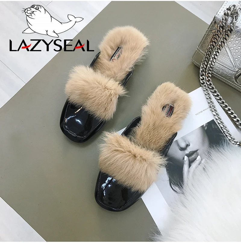 LazySeal туфли без задника с натуральным мехом; женские тапочки с квадратным носом; женские Вьетнамки; женские пушистые шлепанцы; Pantuflas Mujer