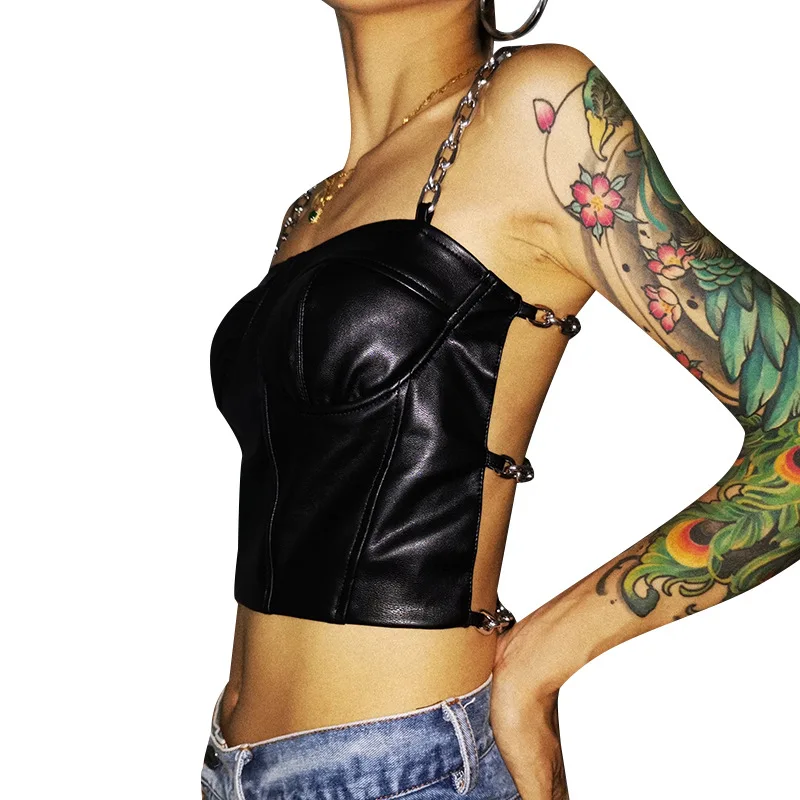 

In the summer of 2021 the new fashion leather harness party led vest sleeveless splicing chain vest