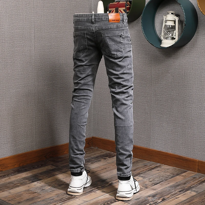 Summer Thin Dark Gray Jeans Men Casual Slim Fit Pencil Pants Mens Streetwear Denim Trousers