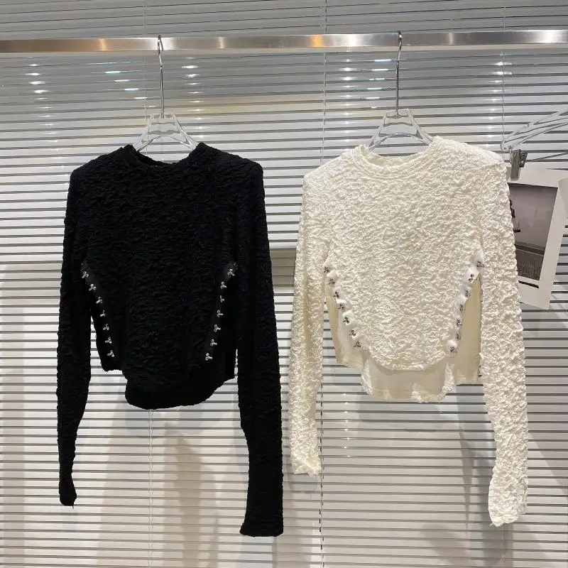 

Net Red Women Long Sleeve Bottoming Top 2021 New Autumn Fashion Metal Buckle Folds O-neck Pullovers T-shirt Female Basic Tees