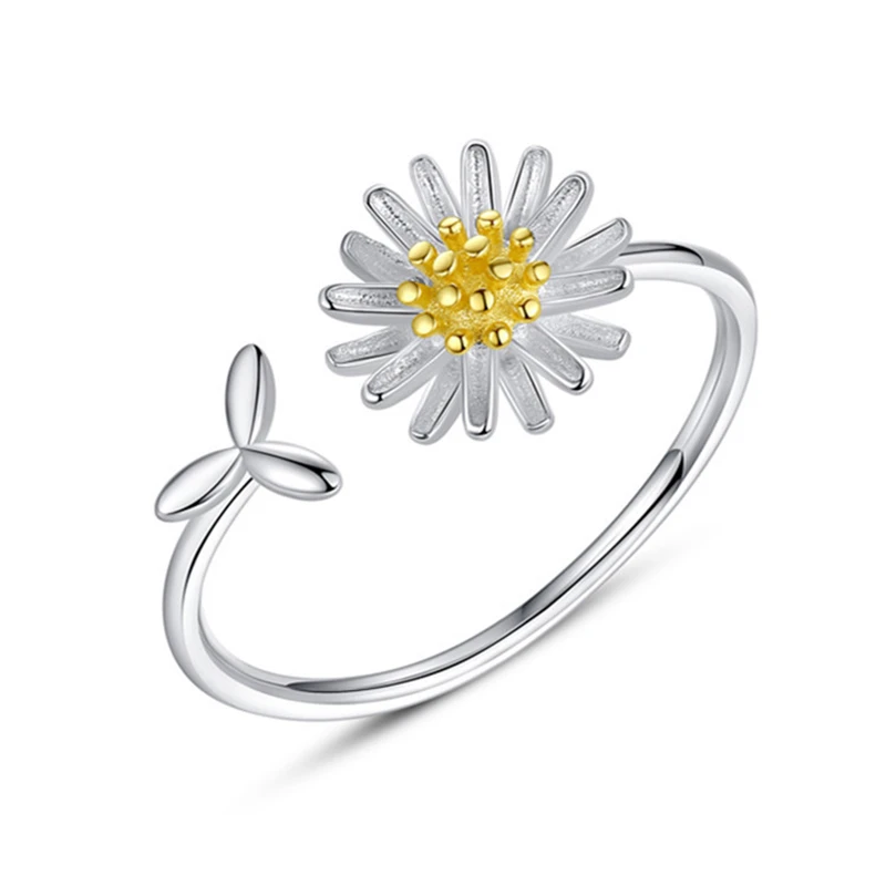 

2021 Hot Samle SImple Plant Minimalist Golden Flower Daisy Adjustable Ring For Girls Ladies Tibetan Silver Leaves Ethnic Rings