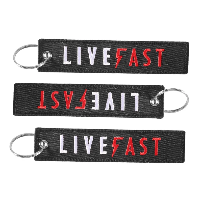 

LIVE FAST Embroidered Keychain For Motorcycle Cars Embroidery Key Ring Tag