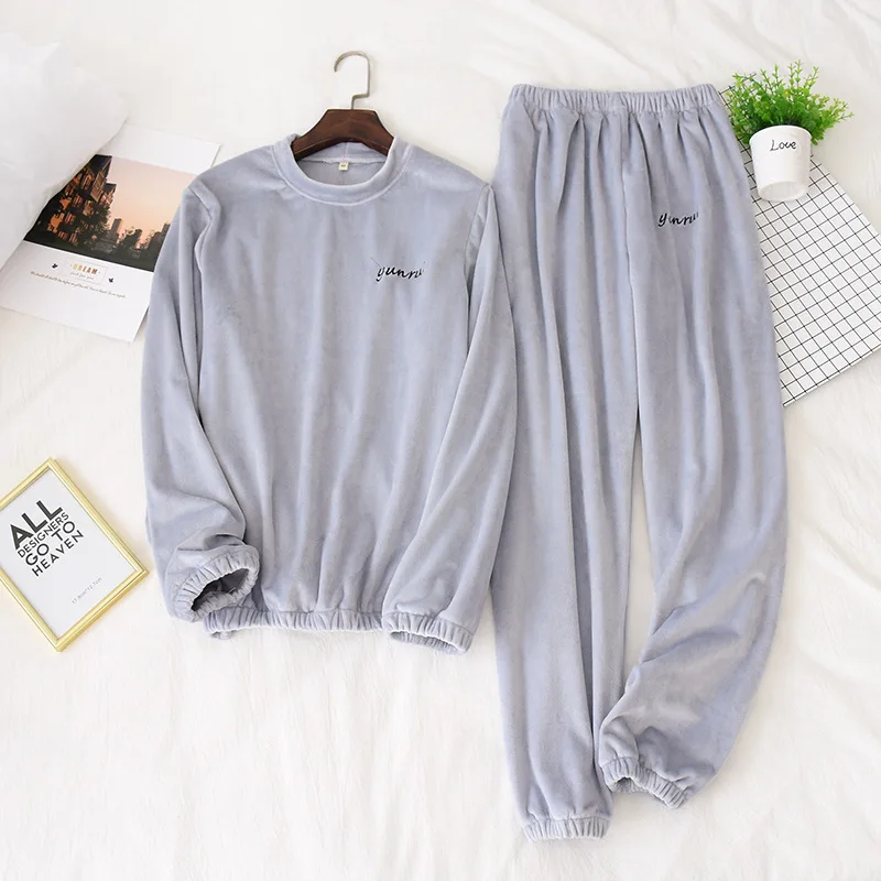 Two Piece Pajama Set Sleepwear Couple Pajamas Set Plush Loose Simple Home Service Suit Solid Color Round Neck Schlafanzug