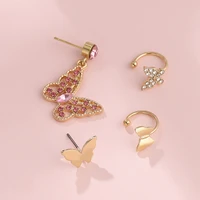 4pcsset butterfly earrings pink rhinestone ear pin ear clip sweet butterfly earrings woman girl earring jewelry as a gift