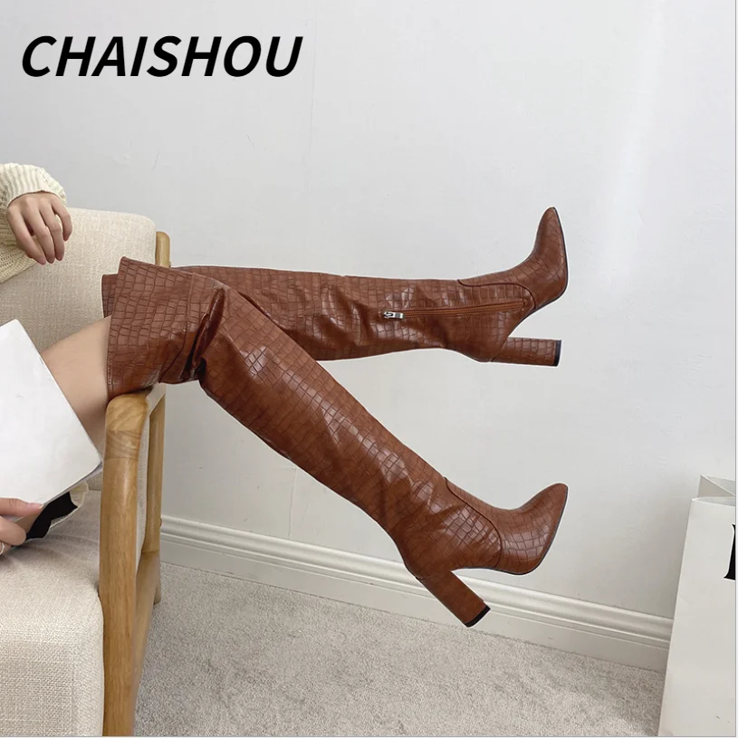 

QZ91 Women's Winter High Boots Embossed Ladies Over The Knee Modern Botas Pointed Thick Heel Microfiber Mujer Sobre Rodilla
