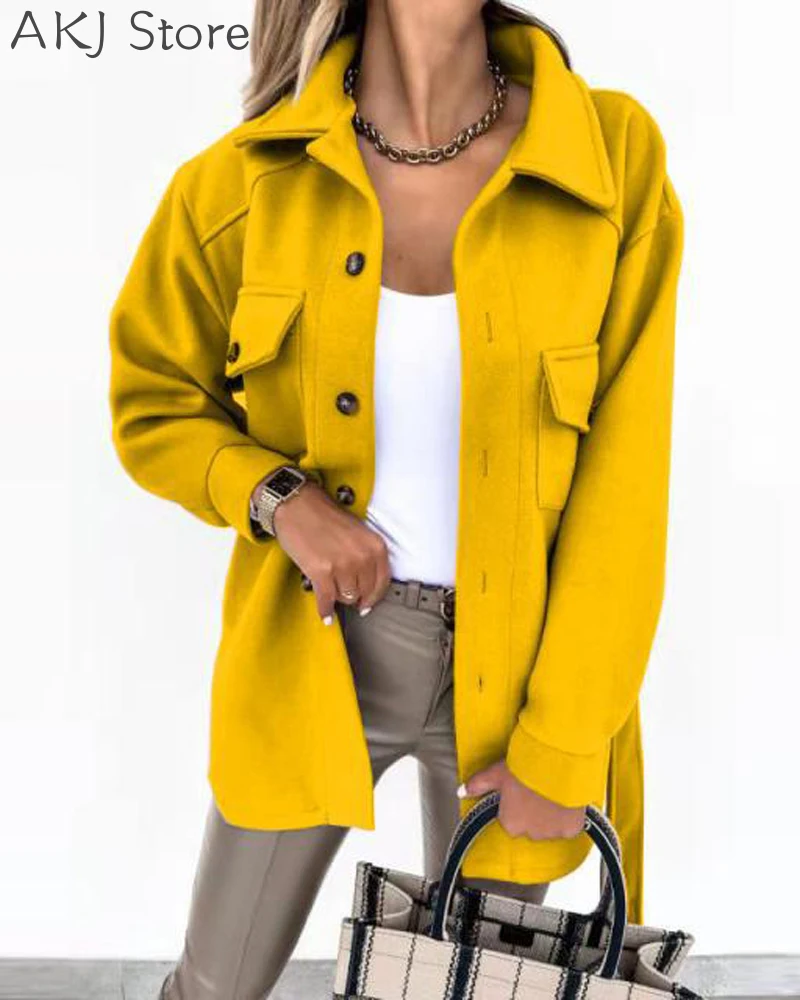 Осеннее Женское пальто на пуговицах с поясом повседневное длинным рукавом