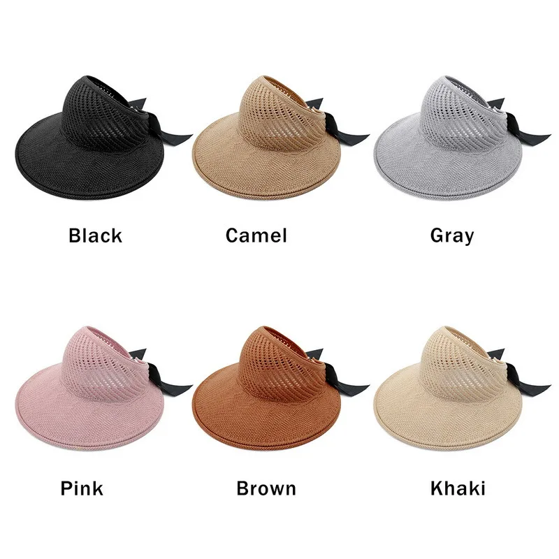 

2021 New Summer Bow Sun Hats Empty Top Hat Women UV Protction Caps Cutout Beach Hat Women Sun Cap Ribbon Knit Raffia Hat Sun Hat