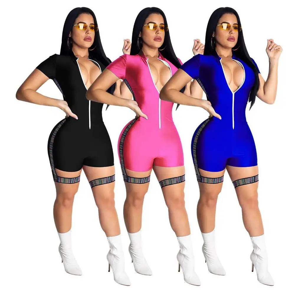 

2020 Women Fashion Playsuit Short Sleeve Jumpsuit Zipper Striped Patchwork Rompers Female Elastic Skinny Bodysuits Playsuits