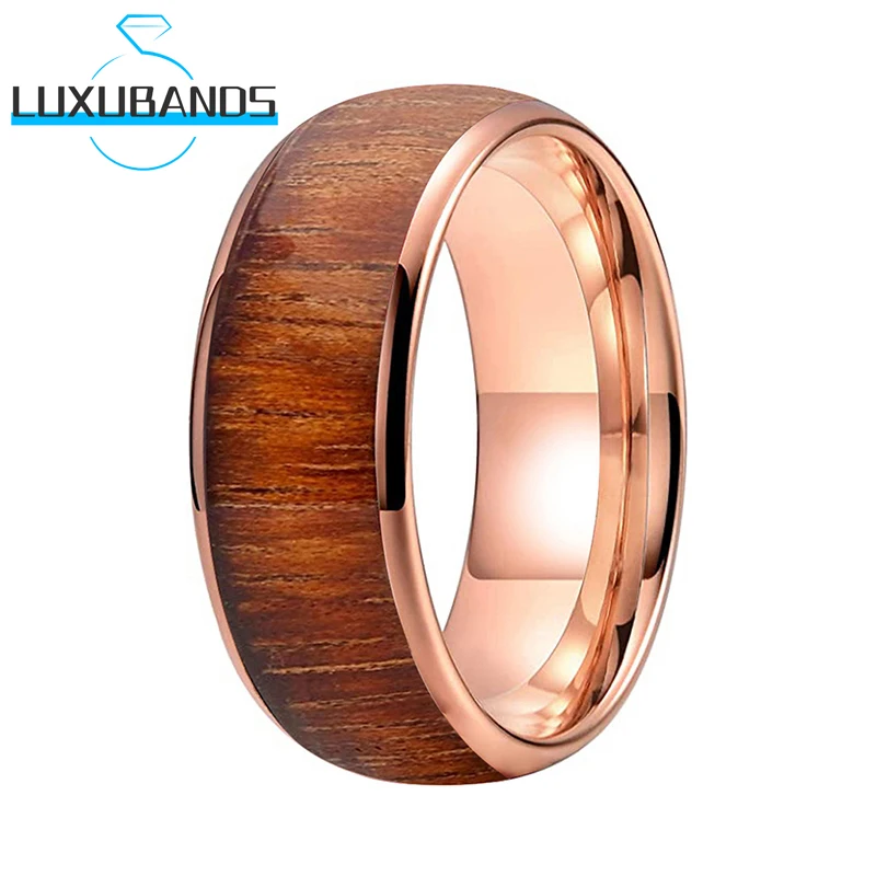 

Tungsten Wedding Rings For Men Women 8MM Rose Gold Koa Wood Inlay Engagement Bands Polished Finished Comfort Fit