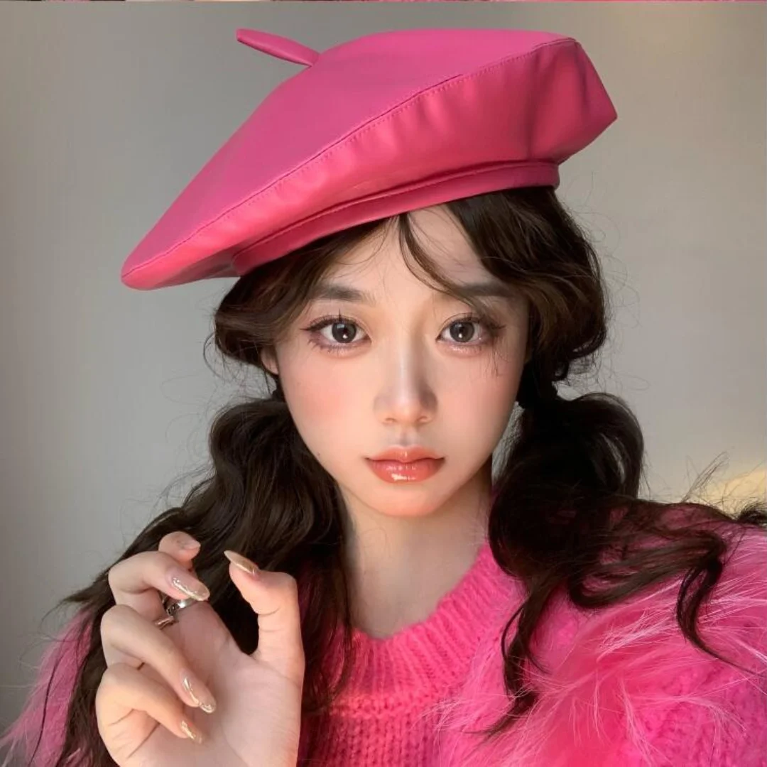 Женский берет из искусственной кожи розово-красный во французском стиле