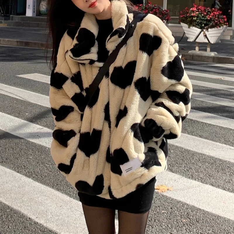 PERHAPS U Women Beige Faux Fur Coat Outwear Button Warm Thick Turn Down Collar Pocket Heart C0534
