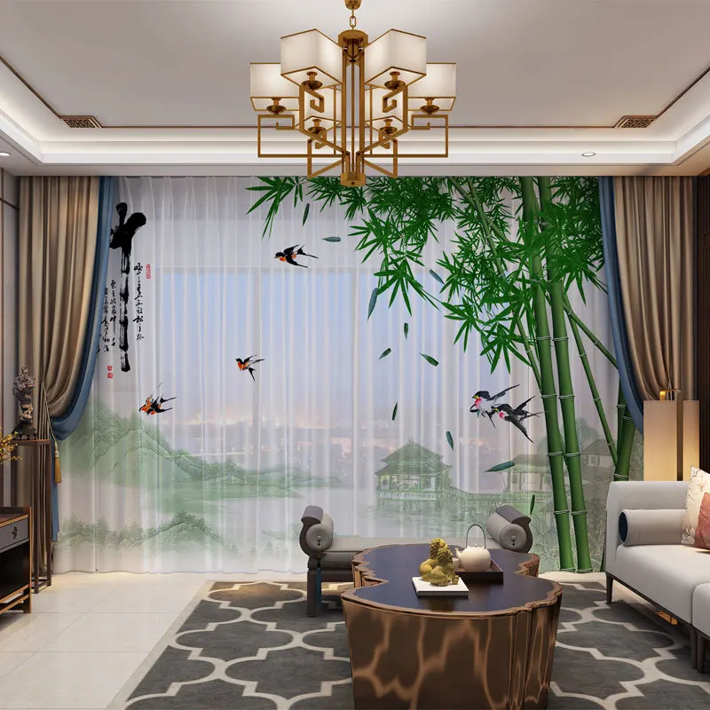 

3D Digital Printed Photo Tulle Customized Drape Panel Sheer Curtains Home Decoration Living Room Bedroom Bamboo Flowers