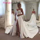 Белое Атласное простое свадебное платье, свадебные платья с V-образным вырезом и Боковым Разрезом, свадебное платье для невесты, robe de mariee