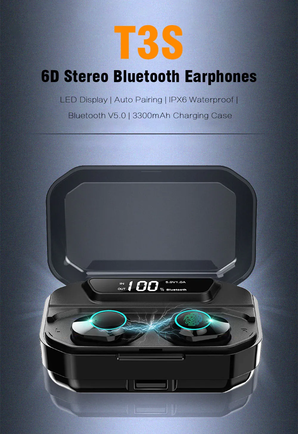 KUMI T3S 6D стерео bluetooth наушники цифровой дисплей Водонепроницаемый шумоподавляющий наушник для Android/iOS