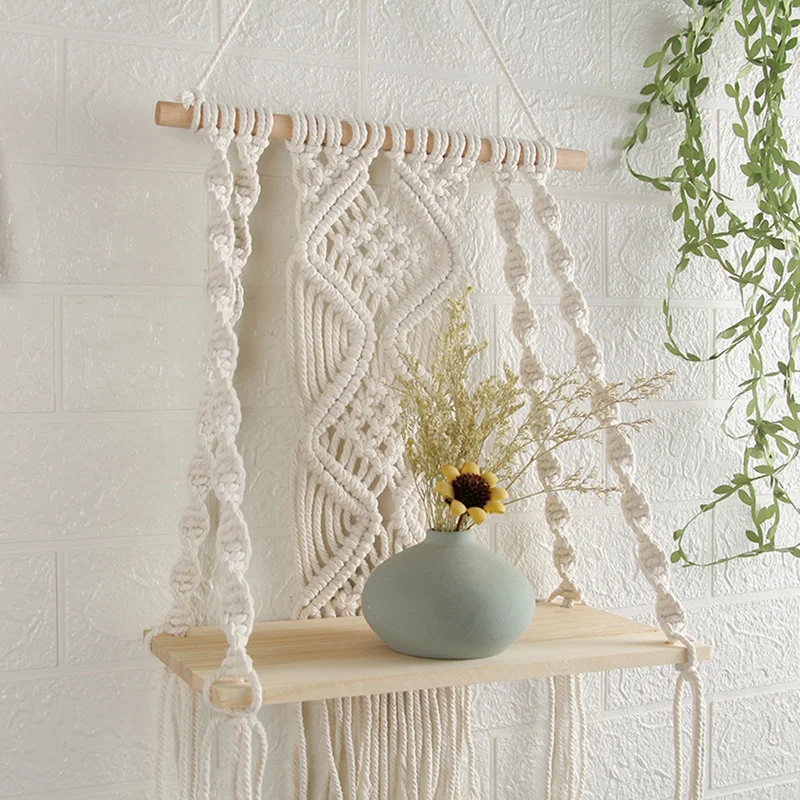 

Boho Macrame Wall Hanging Shelf Handmade Woven Tassel Tapestry Rack Wood Floating Storage Hanger for Home Wall Decor