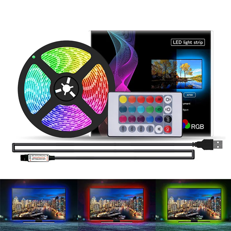 Светодиодная лента 24 ключа постоянного тока 5 В с питанием от USB 1 м-5 м RGB цвет 5050 Светодиодная лента подсветка ТВ+ ИК пульт дистанционного управления IP65 водонепроницаемый смарт