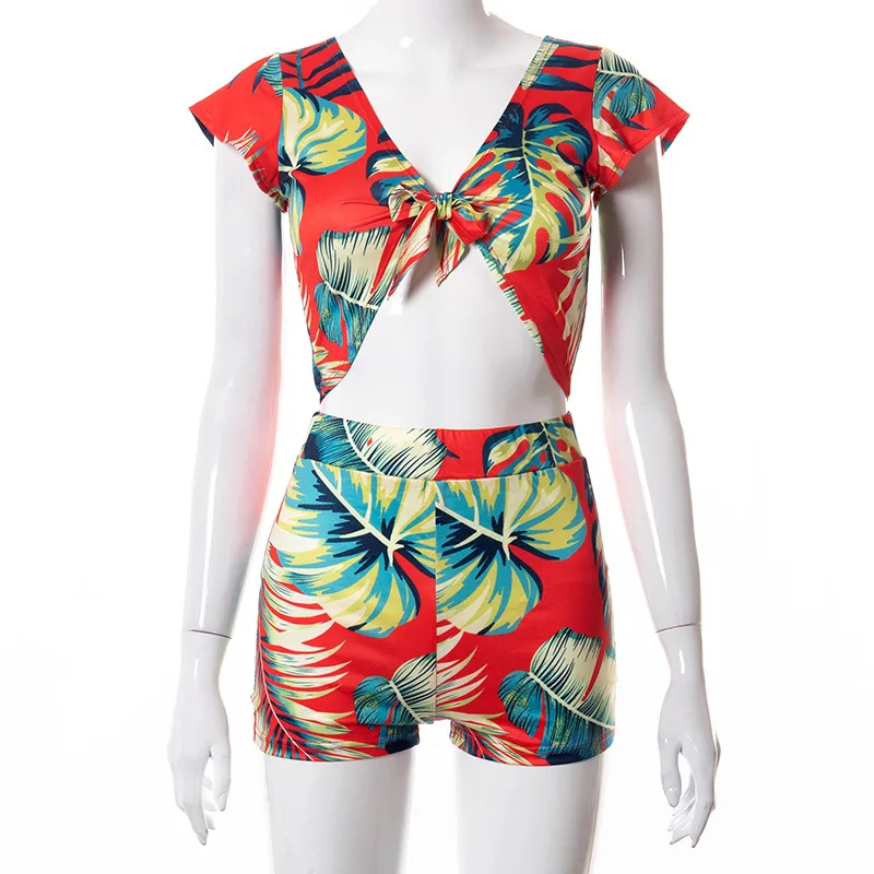 

Digital Print 2 Piece Set Short Sleeve Front Lacing T-Shirt+High Waist Short Pants Women Casual Set Streetwear Casual 2021
